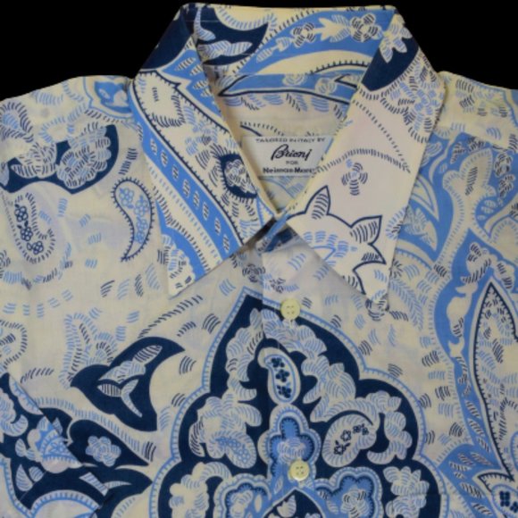 Brioni Blue White Cotton Short Sleeve Paisley Button Up Shirt Men’s Italy Medium